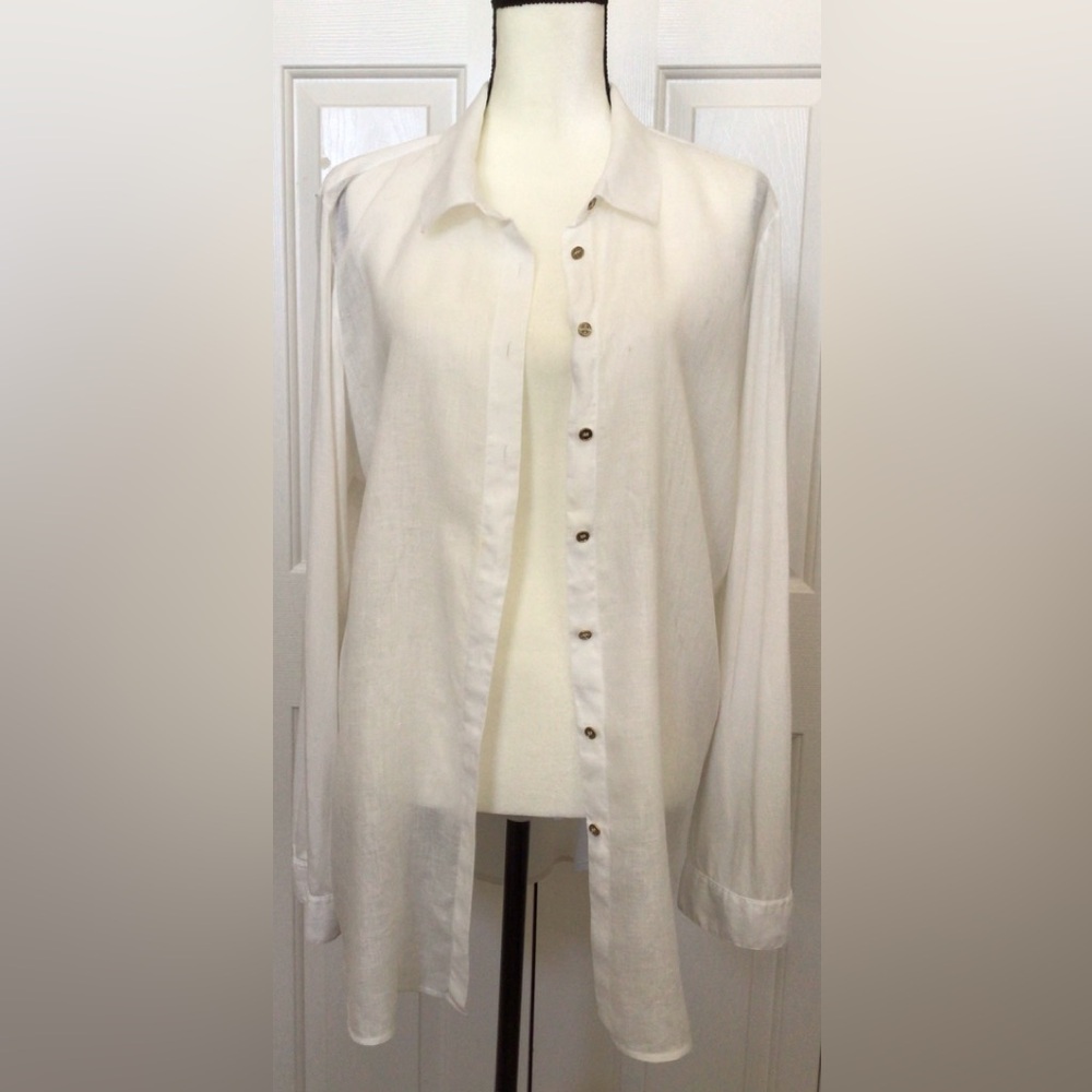 Calvin Klein White Button-Up linen front Shirt